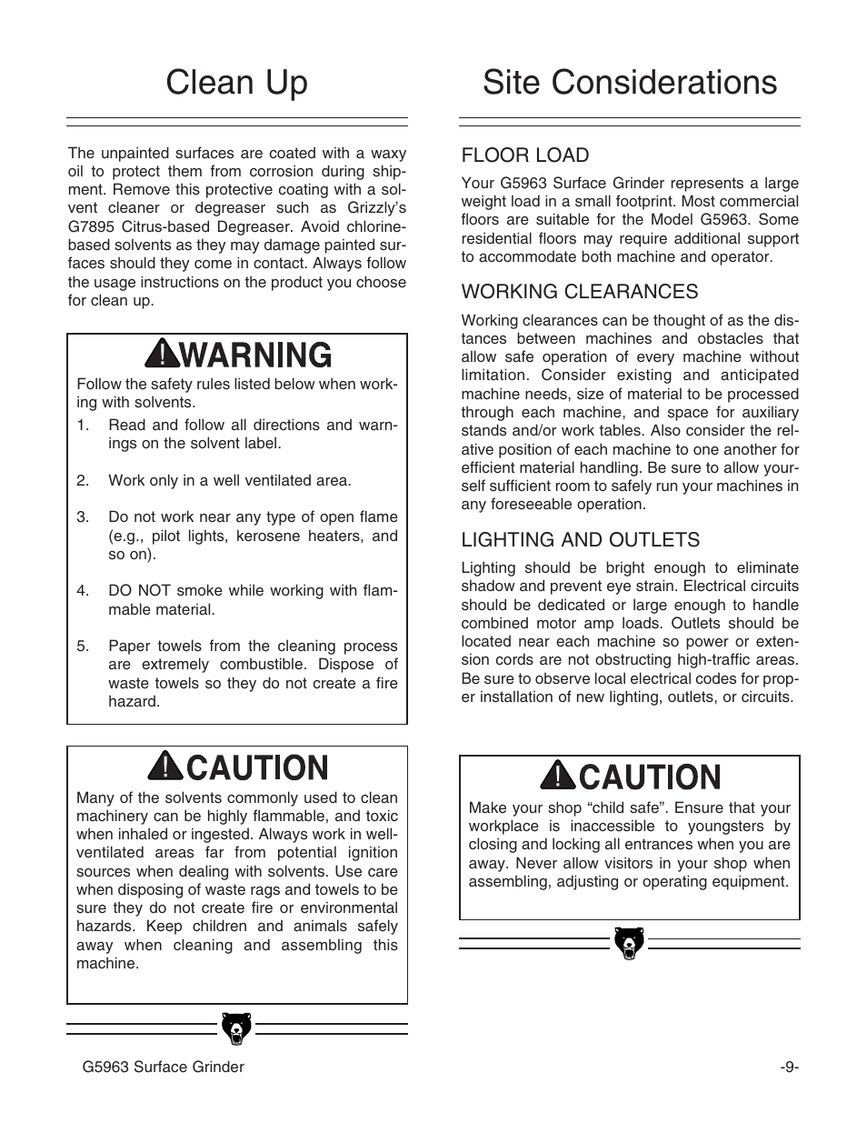 Clean up, Site considerations | Grizzly G5963 User Manual | Page 11 / 30