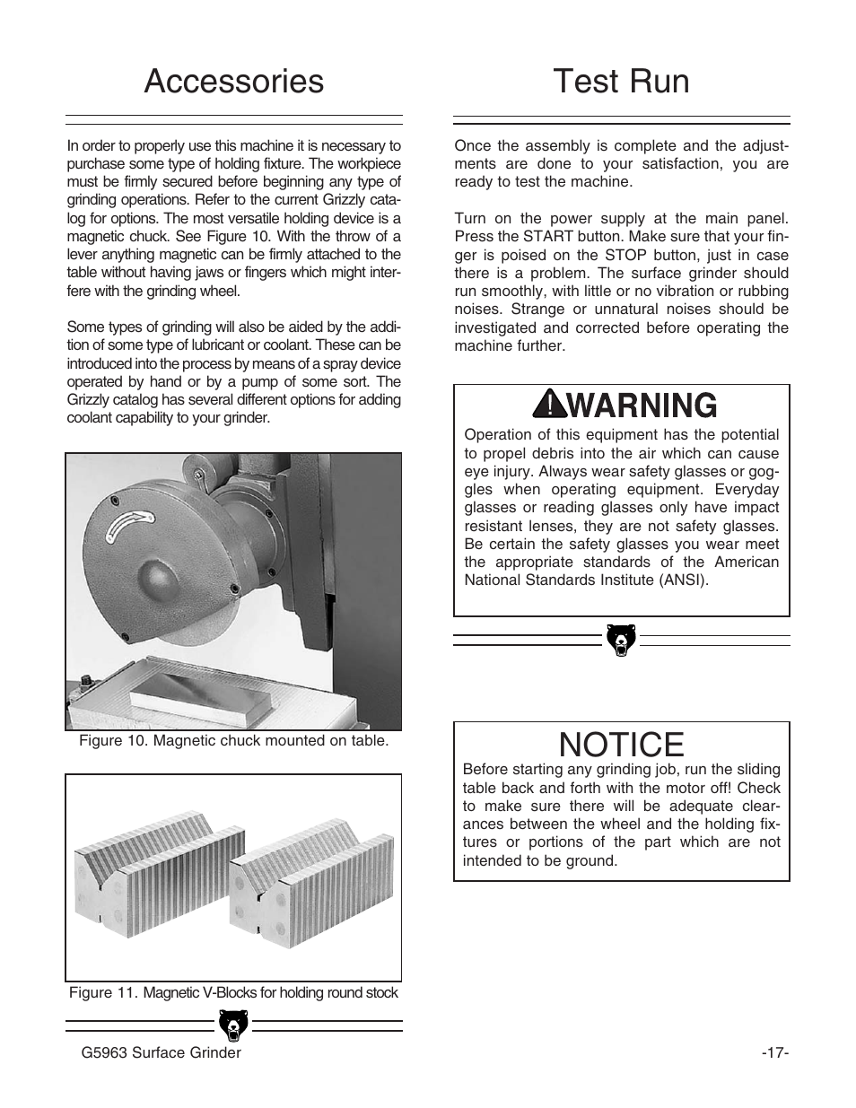 Test run notice, Accessories | Grizzly G5963 User Manual | Page 19 / 30