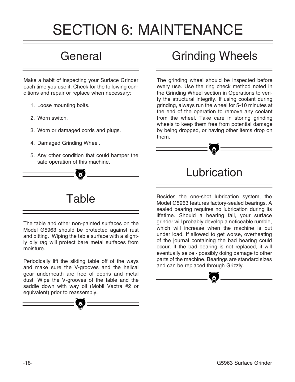 General grinding wheels, Table, Lubrication | Grizzly G5963 User Manual | Page 20 / 30