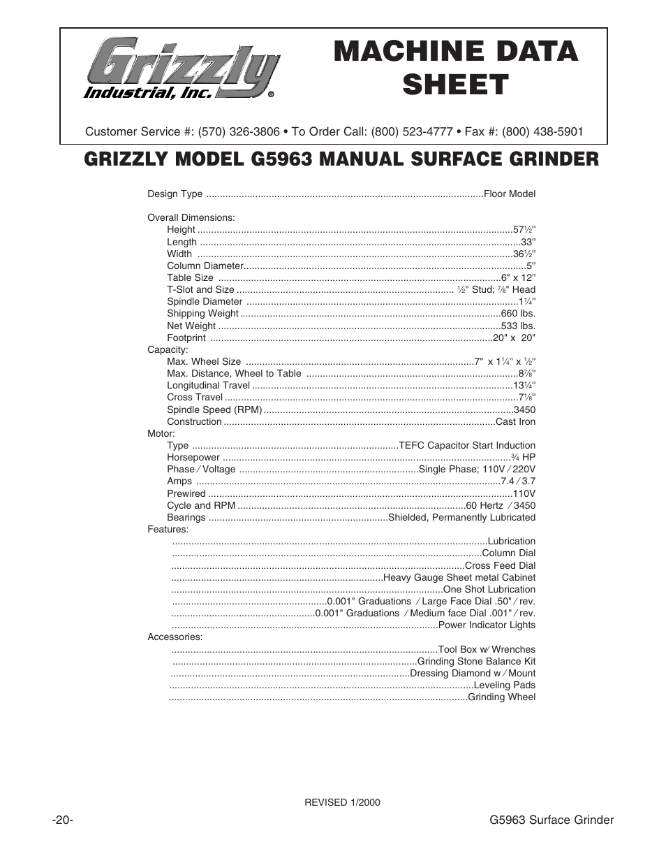 Machine data sheet, Grizzly model g5963 manual surface grinder | Grizzly G5963 User Manual | Page 22 / 30