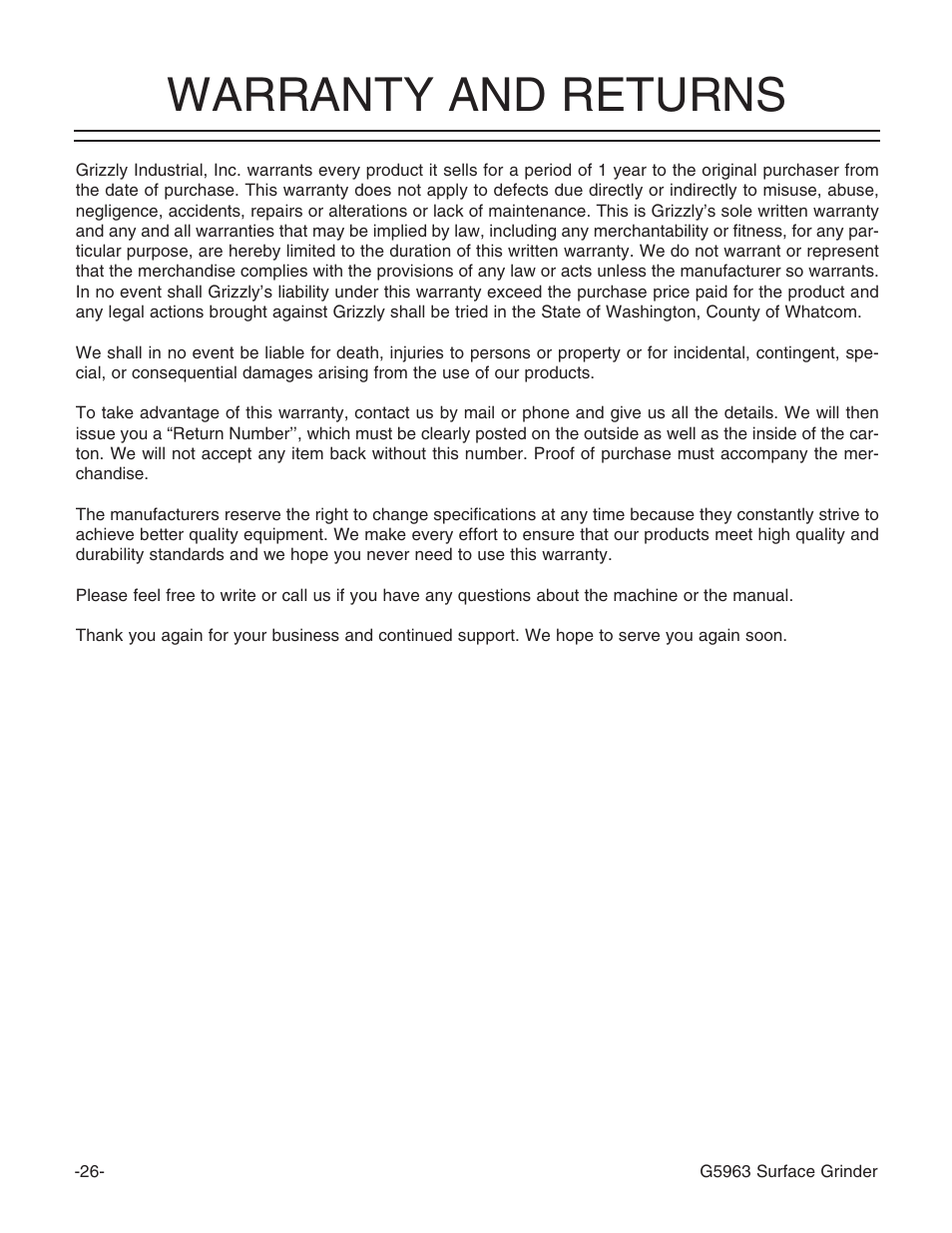 Warranty and returns | Grizzly G5963 User Manual | Page 28 / 30