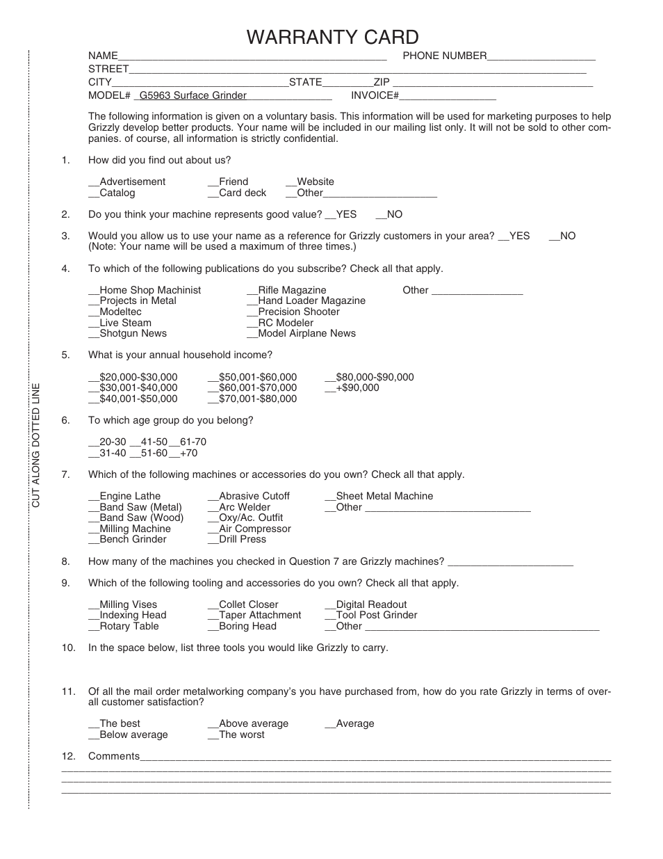 Warranty card | Grizzly G5963 User Manual | Page 29 / 30