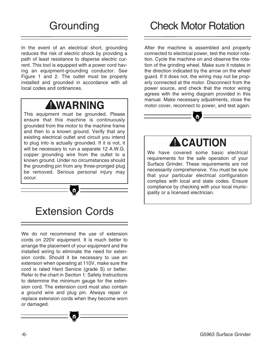 Extension cords, Grounding, Check motor rotation | Grizzly G5963 User Manual | Page 8 / 30