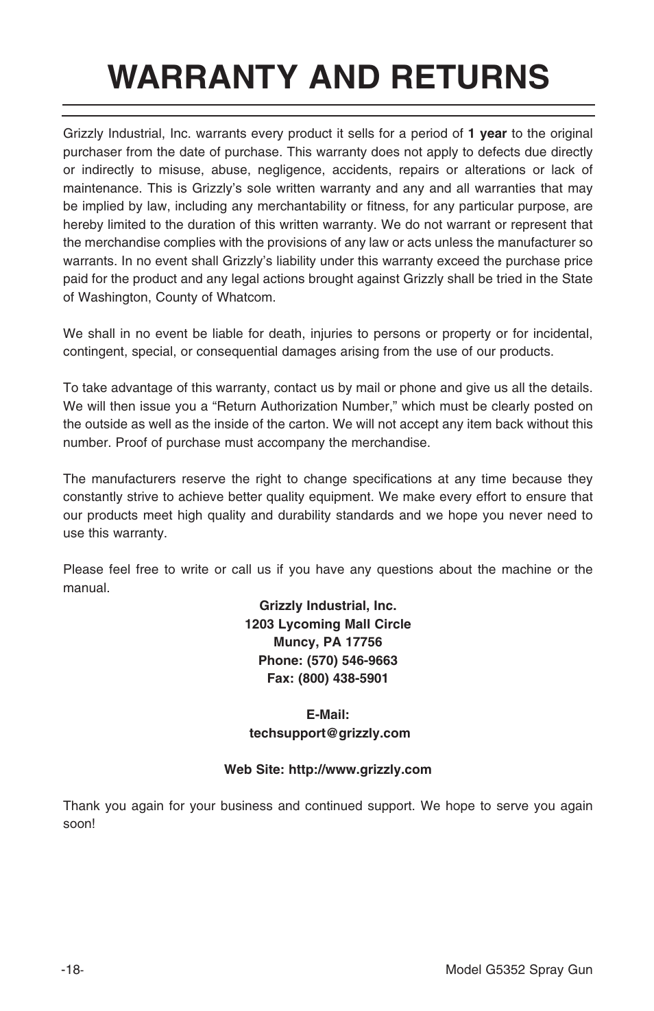 Warranty and returns | Grizzly G5352 User Manual | Page 18 / 20