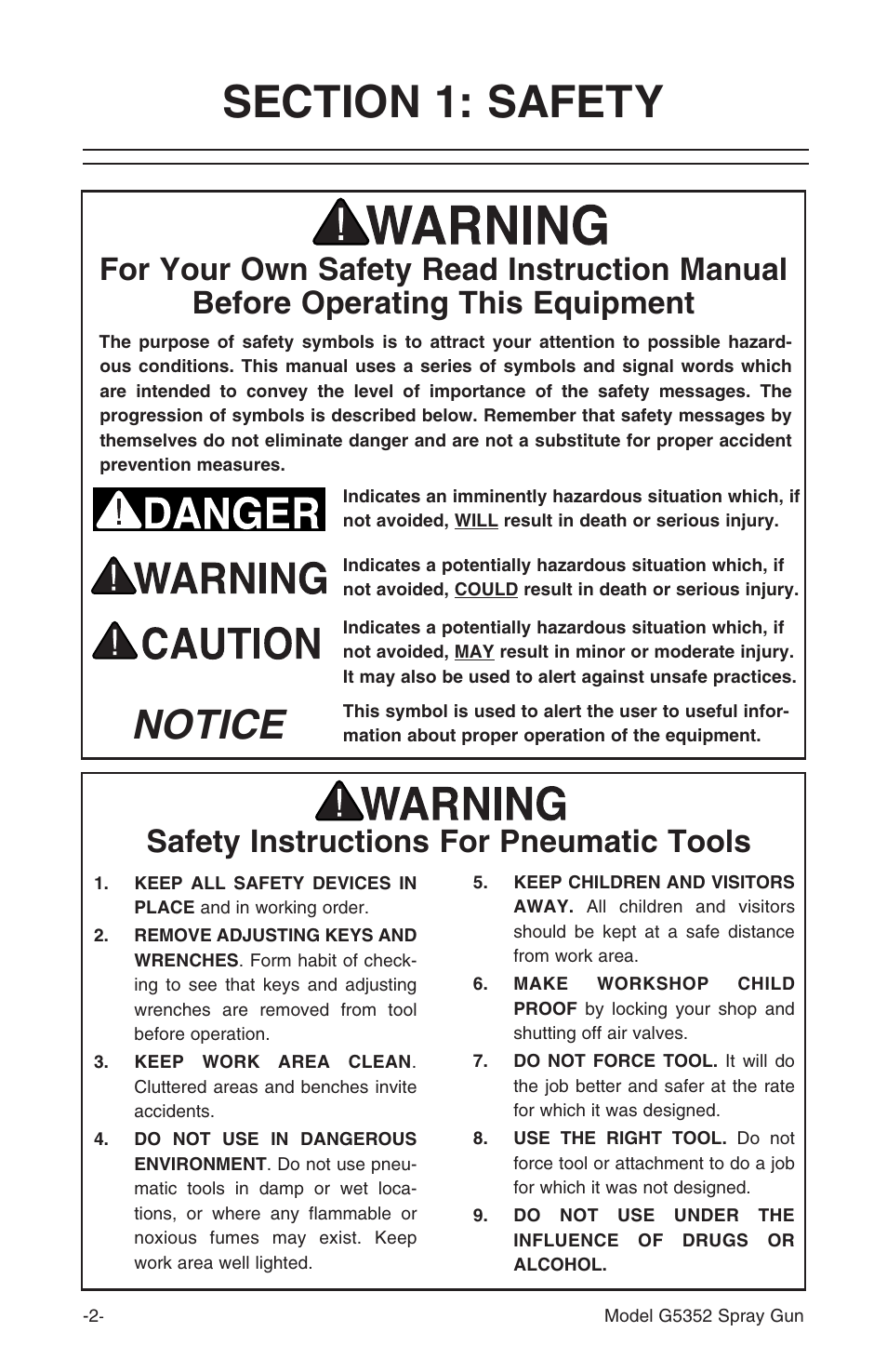 Notice, Safety instructions for pneumatic tools | Grizzly G5352 User Manual | Page 2 / 20