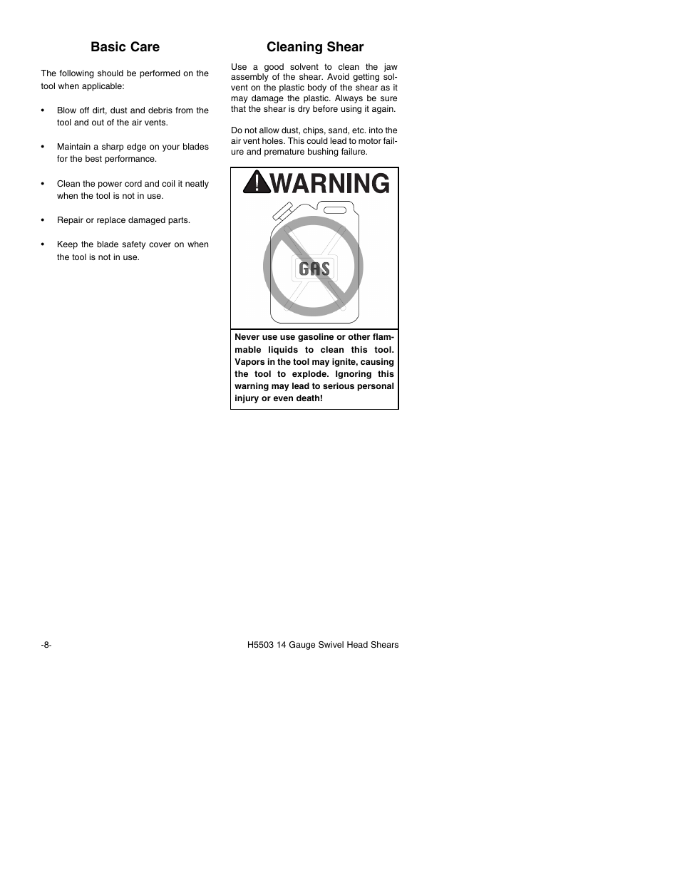 Cleaning shear, Basic care | Grizzly H5503 User Manual | Page 10 / 16
