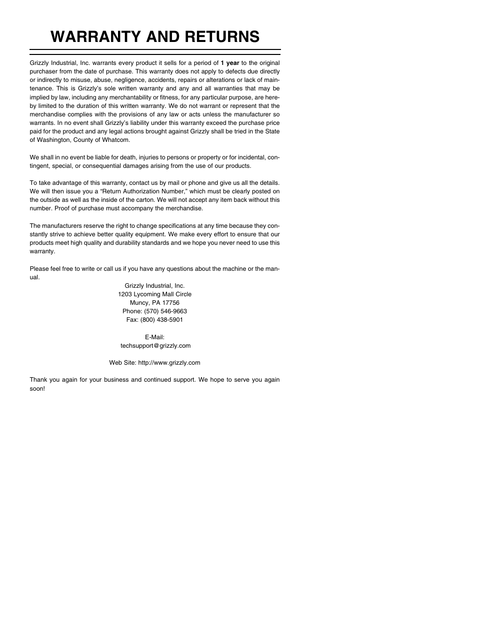 Warranty and returns | Grizzly H5503 User Manual | Page 14 / 16