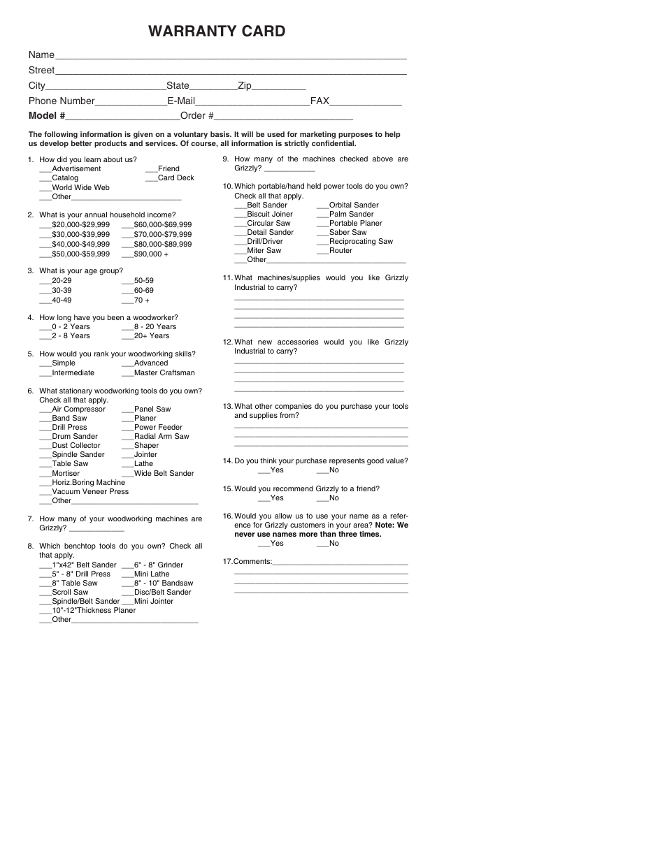 Warranty card | Grizzly H5503 User Manual | Page 15 / 16