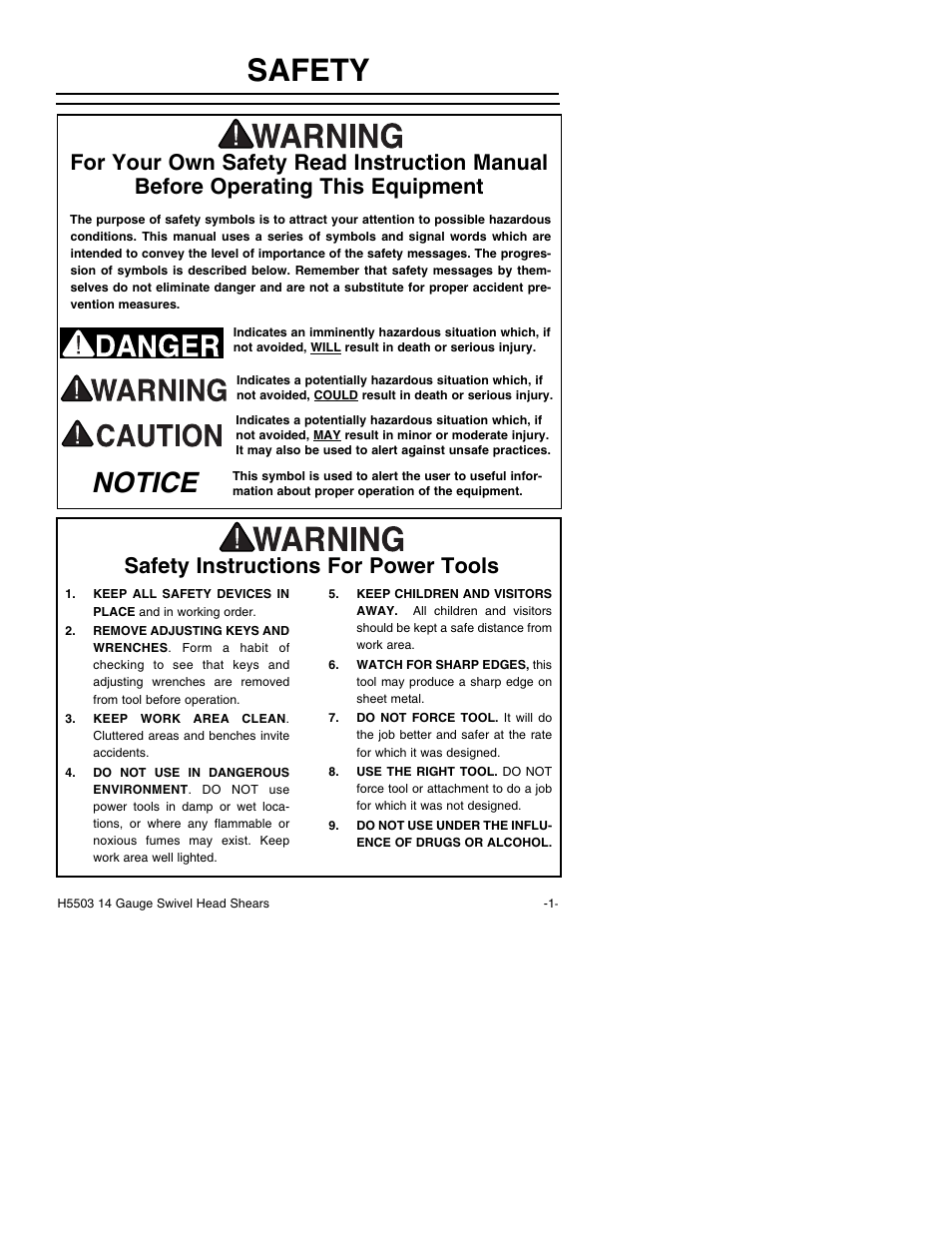 Safety, Notice, Safety instructions for power tools | Grizzly H5503 User Manual | Page 3 / 16