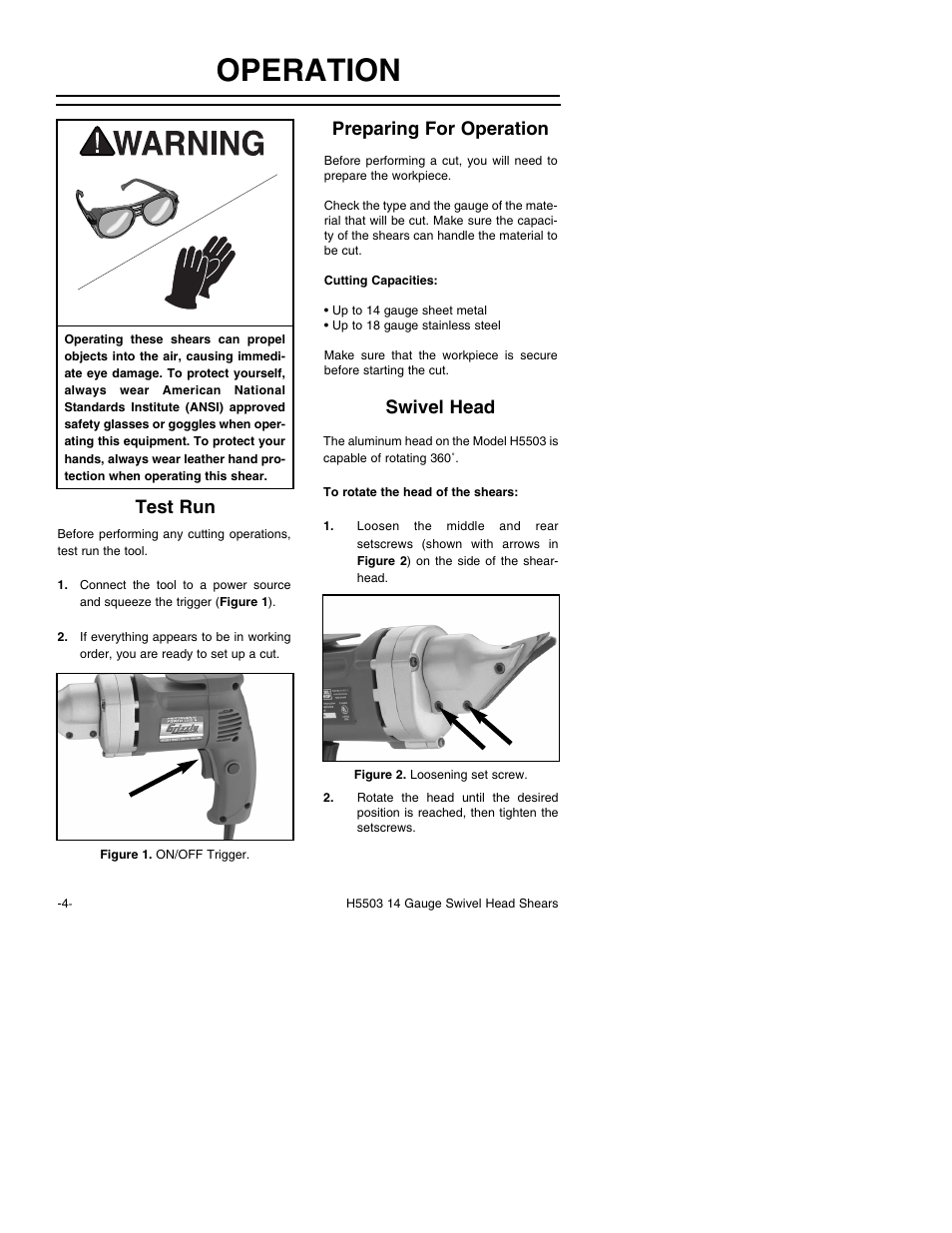 Operation, Test run, Swivel head preparing for operation | Grizzly H5503 User Manual | Page 6 / 16