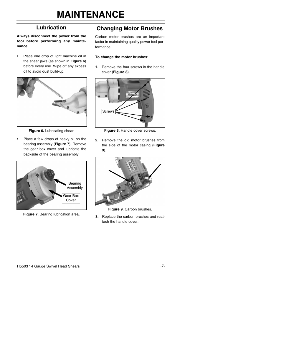 Maintenance, Lubrication, Changing motor brushes | Grizzly H5503 User Manual | Page 9 / 16