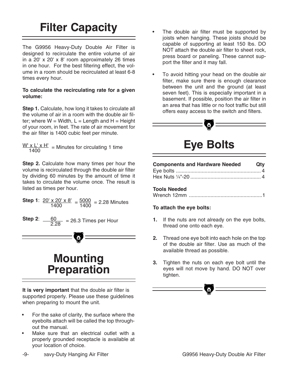 Filter capacity, Mounting preparation eye bolts | Grizzly G9956 User Manual | Page 11 / 24