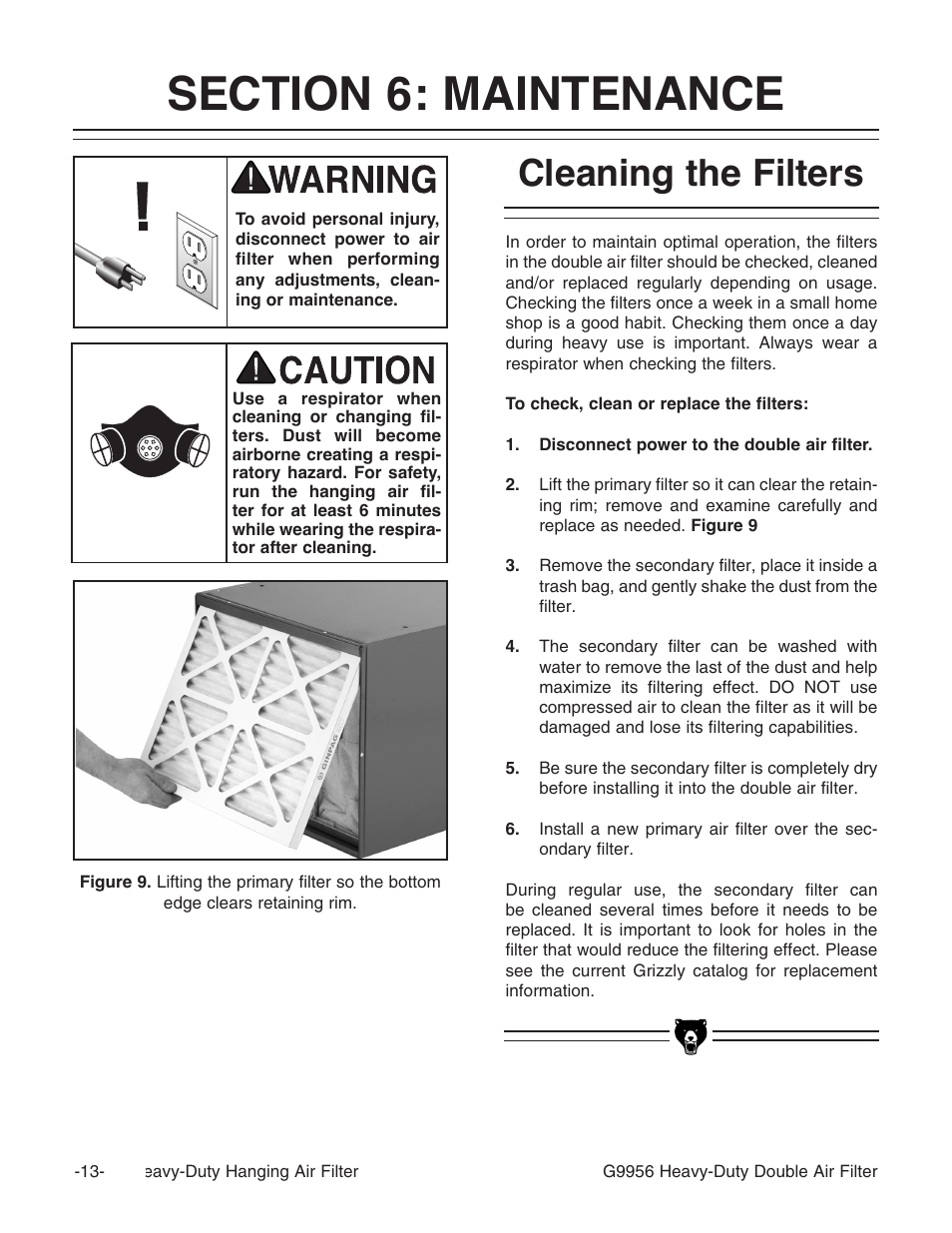 Cleaning the filters | Grizzly G9956 User Manual | Page 15 / 24