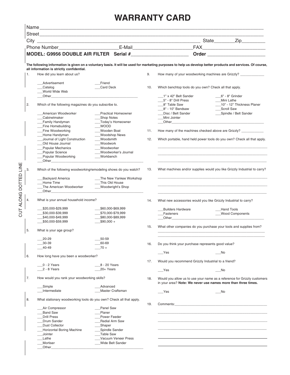 Warranty card, Cut along dotted line | Grizzly G9956 User Manual | Page 21 / 24