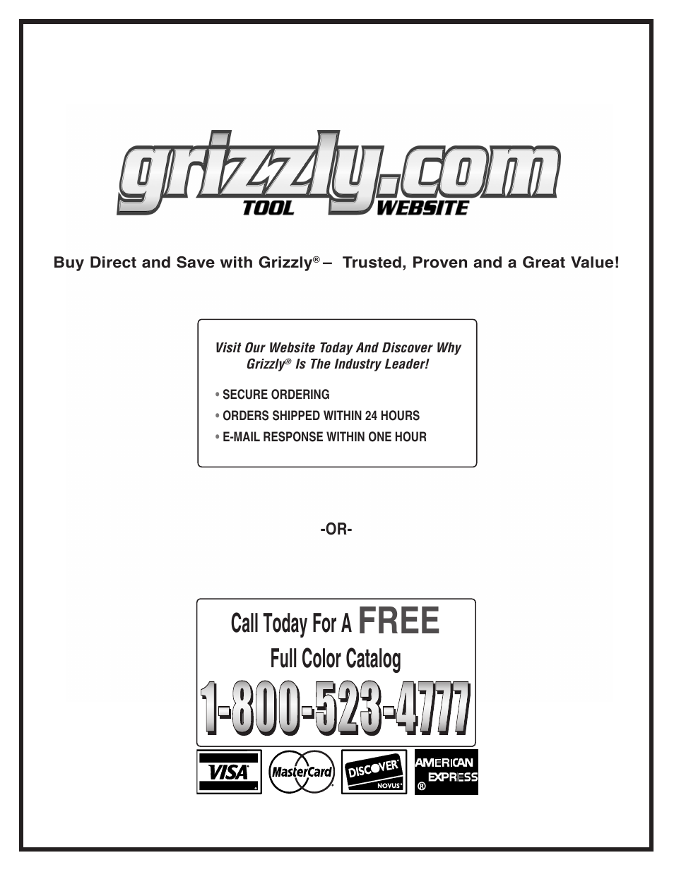 Free, Call today for a, Full color catalog | Grizzly G9956 User Manual | Page 24 / 24