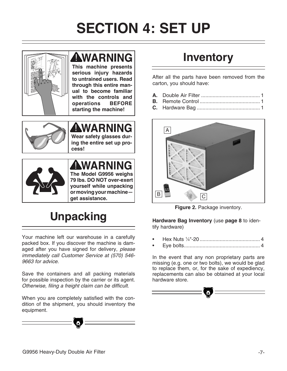 Inventory, Unpacking | Grizzly G9956 User Manual | Page 9 / 24