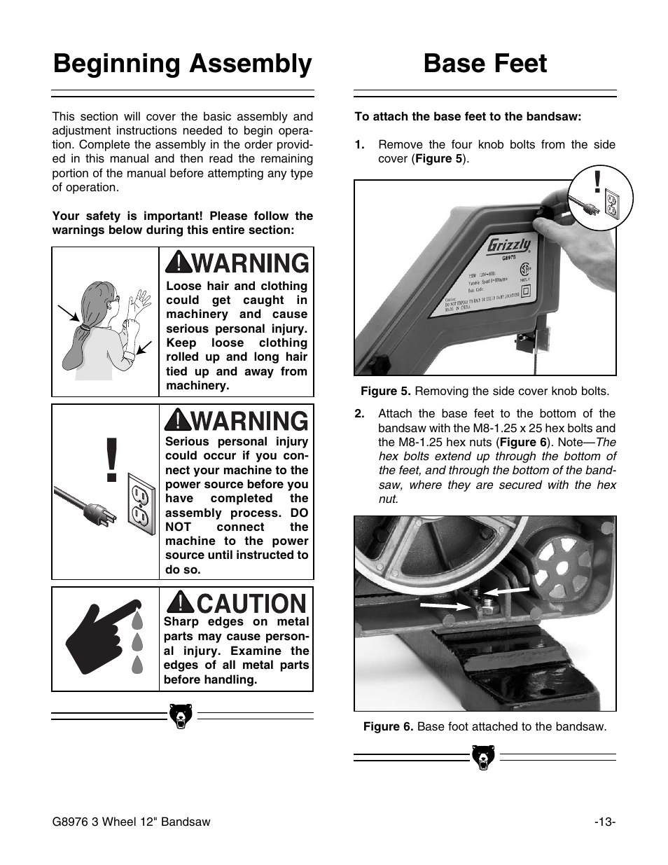 Beginning assembly, Base feet | Grizzly G8976 User Manual | Page 15 / 46
