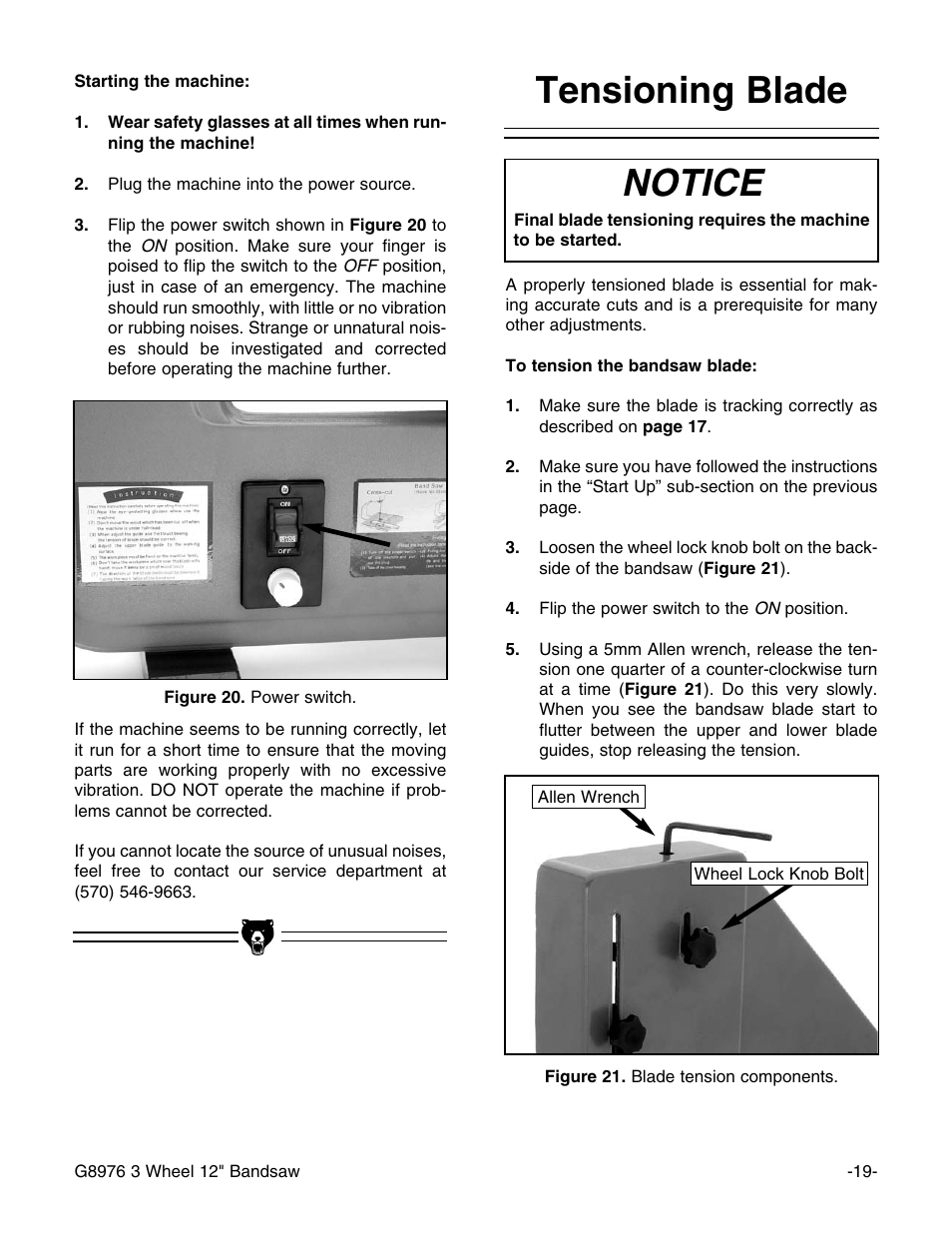 Notice, Tensioning blade | Grizzly G8976 User Manual | Page 21 / 46