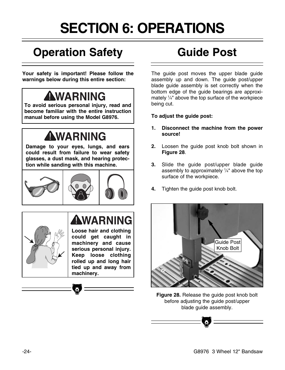 Operation safety guide post | Grizzly G8976 User Manual | Page 26 / 46
