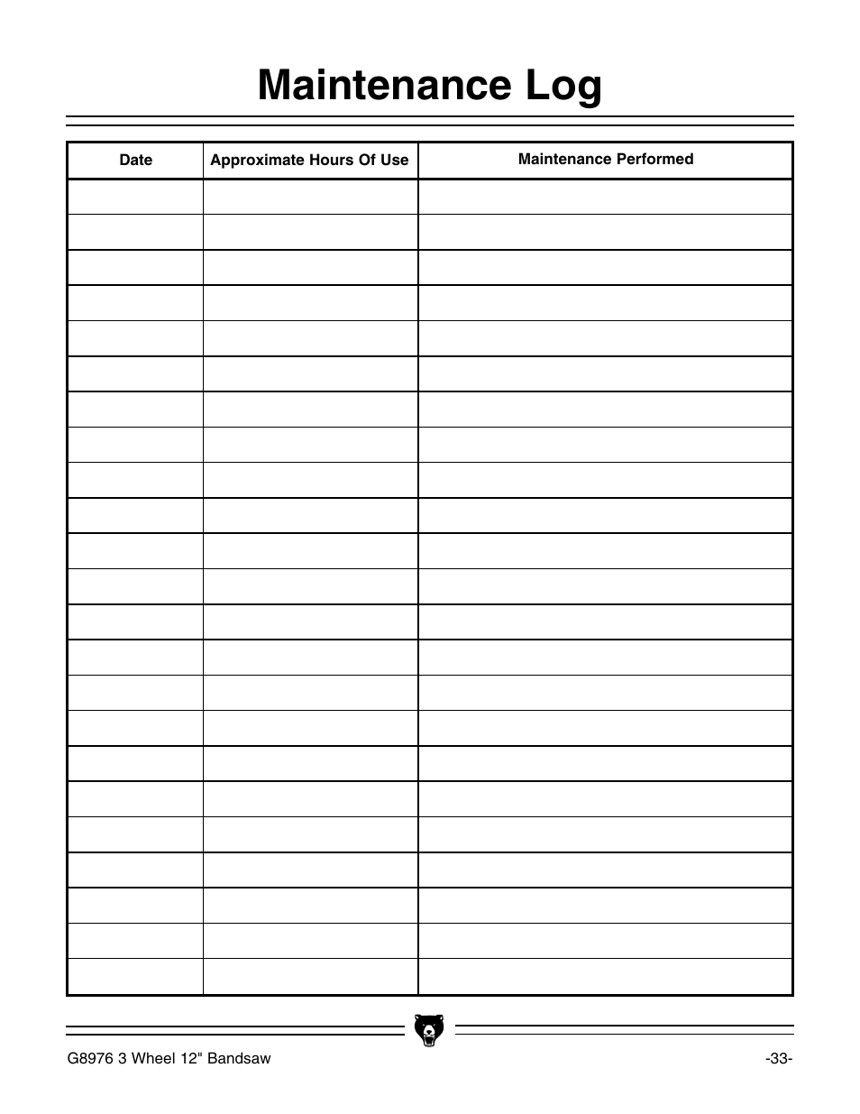 Maintenance log | Grizzly G8976 User Manual | Page 35 / 46