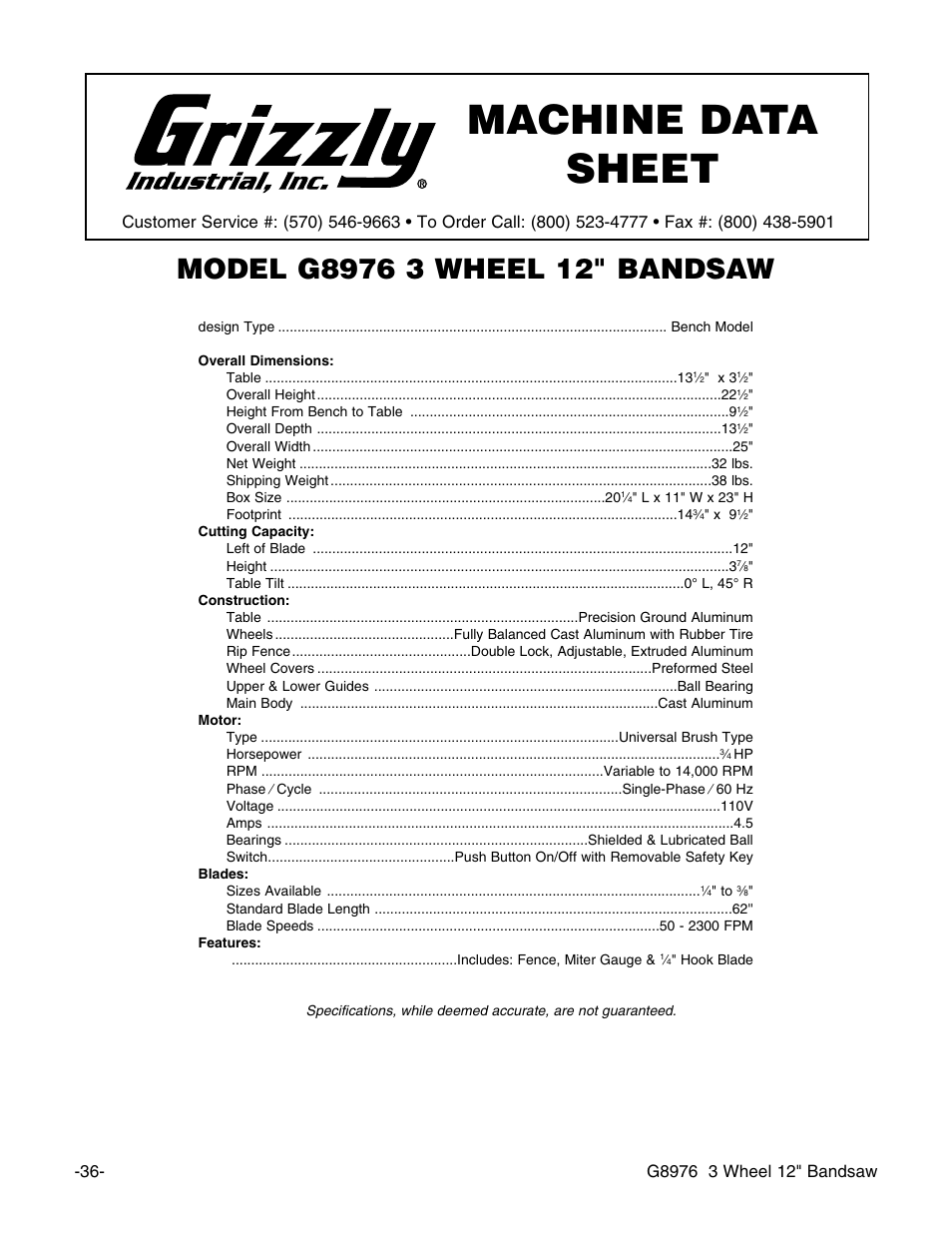 Machine data sheet | Grizzly G8976 User Manual | Page 38 / 46
