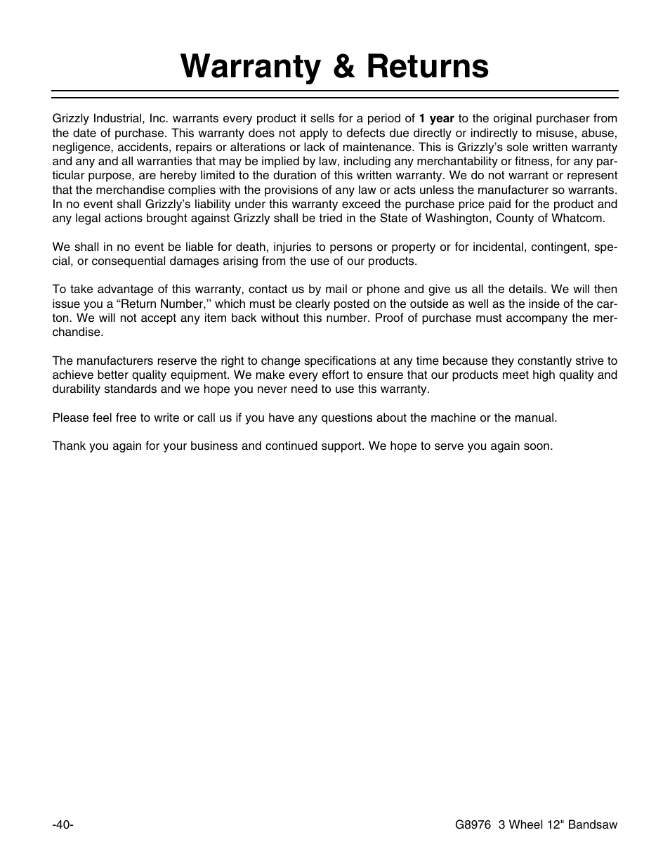 Warranty & returns | Grizzly G8976 User Manual | Page 42 / 46