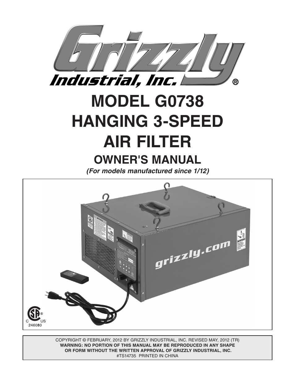 Grizzly Hanging 3 Speed Air Filter G0738 User Manual | 32 pages