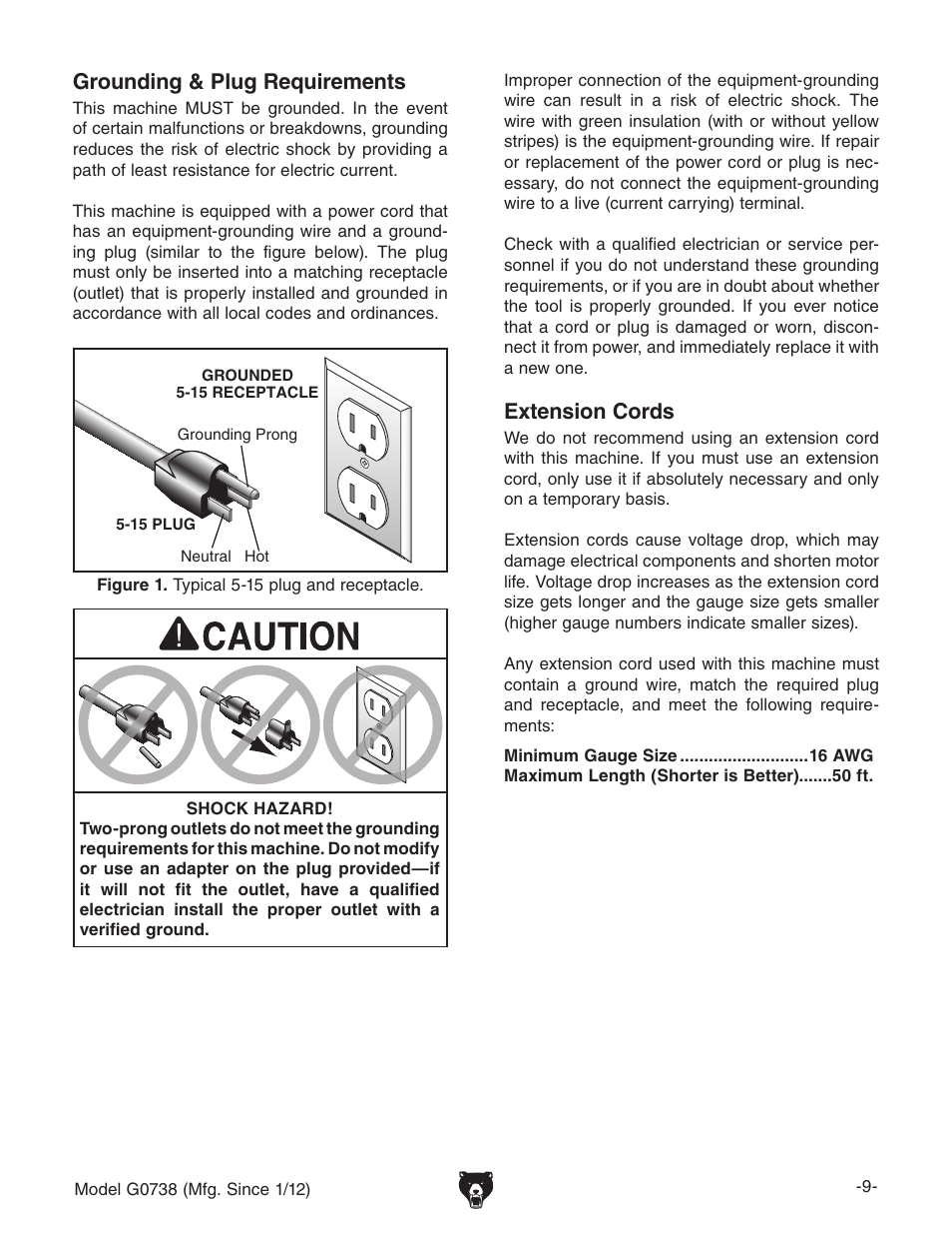 Grounding & plug requirements extension cords, Extension cords, Grounding & plug requirements | Grizzly Hanging 3 Speed Air Filter G0738 User Manual | Page 11 / 32
