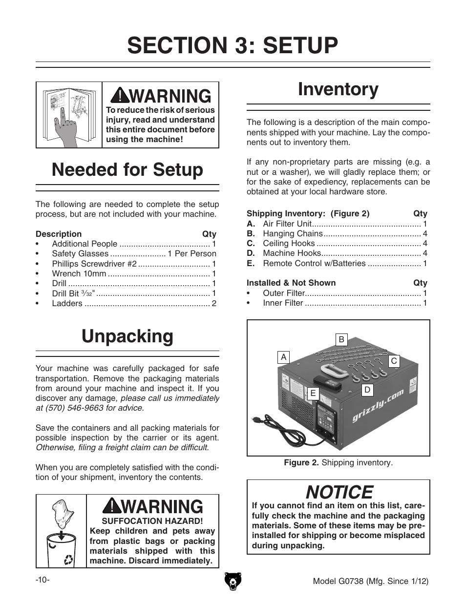 Section 3: setup, Needed for setup unpacking inventory, Unpacking | Needed for setup, Notice, Inventory | Grizzly Hanging 3 Speed Air Filter G0738 User Manual | Page 12 / 32