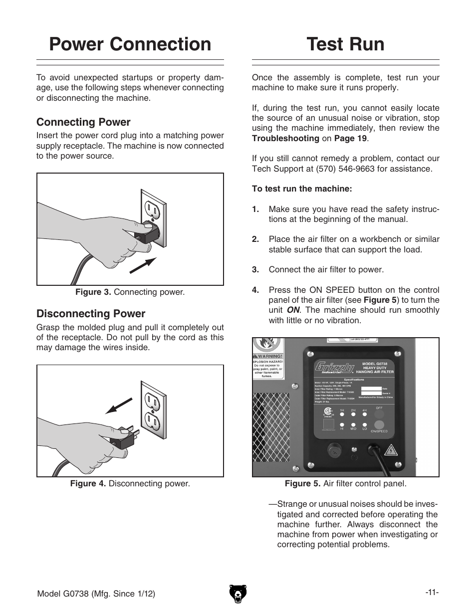 Power connection, Connecting power disconnecting power, Test run | Grizzly Hanging 3 Speed Air Filter G0738 User Manual | Page 13 / 32