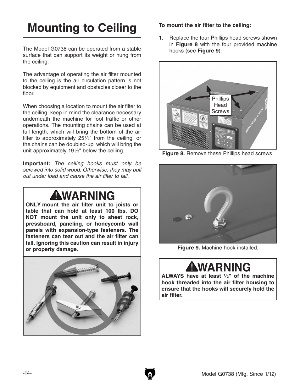 Mounting to ceiling | Grizzly Hanging 3 Speed Air Filter G0738 User Manual | Page 16 / 32