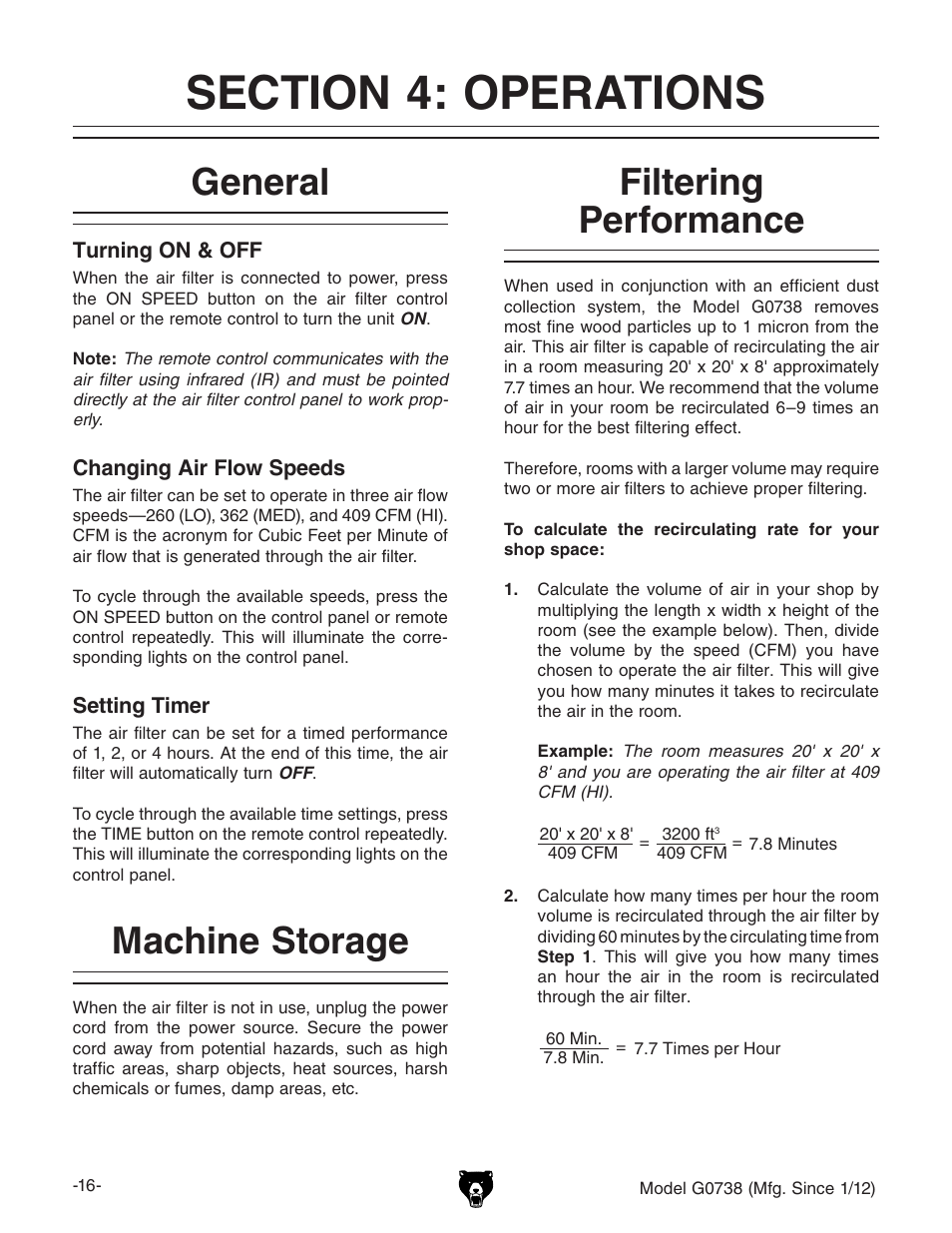 Section 4: operations, General, Machine storage filtering performance | Filtering performance, Machine storage | Grizzly Hanging 3 Speed Air Filter G0738 User Manual | Page 18 / 32