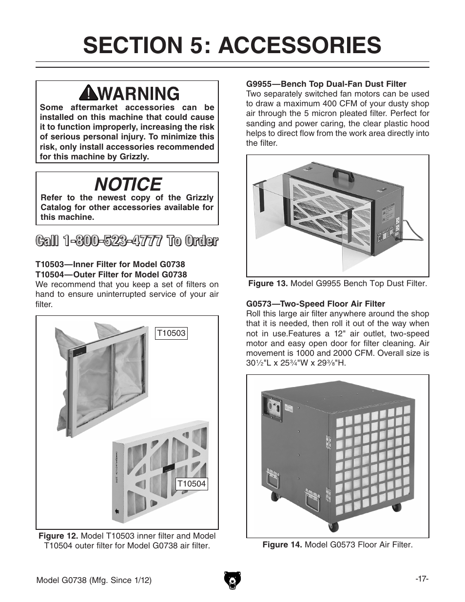 Section 5: accessories, Notice | Grizzly Hanging 3 Speed Air Filter G0738 User Manual | Page 19 / 32