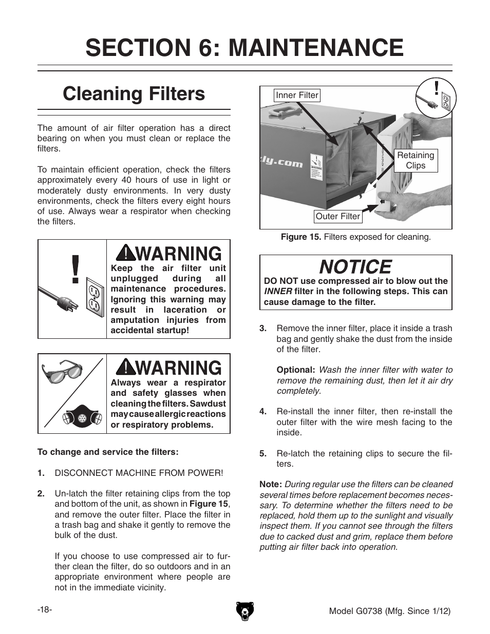 Section 6: maintenance, Cleaning filters | Grizzly Hanging 3 Speed Air Filter G0738 User Manual | Page 20 / 32