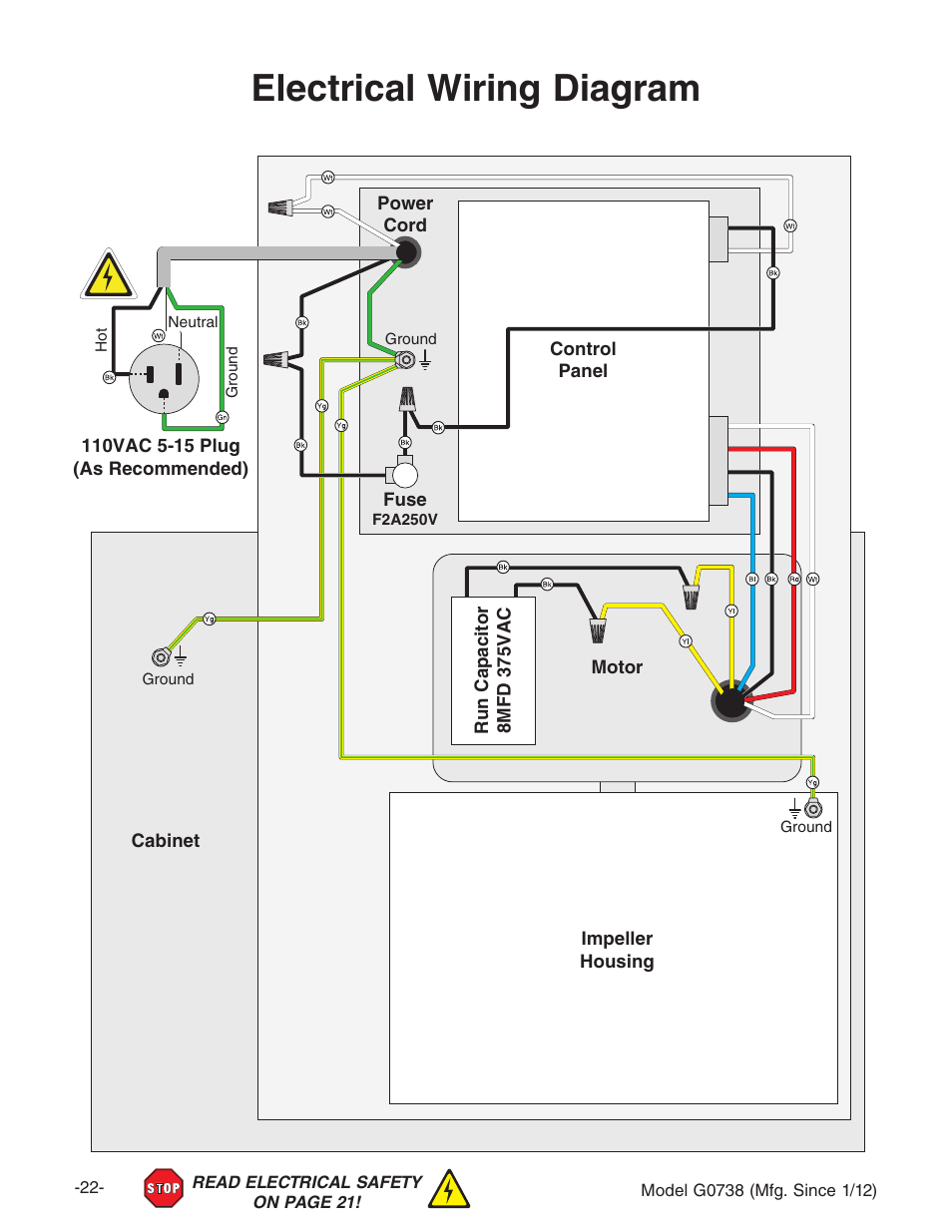 Electrical wiring diagram | Grizzly Hanging 3 Speed Air Filter G0738 User Manual | Page 24 / 32