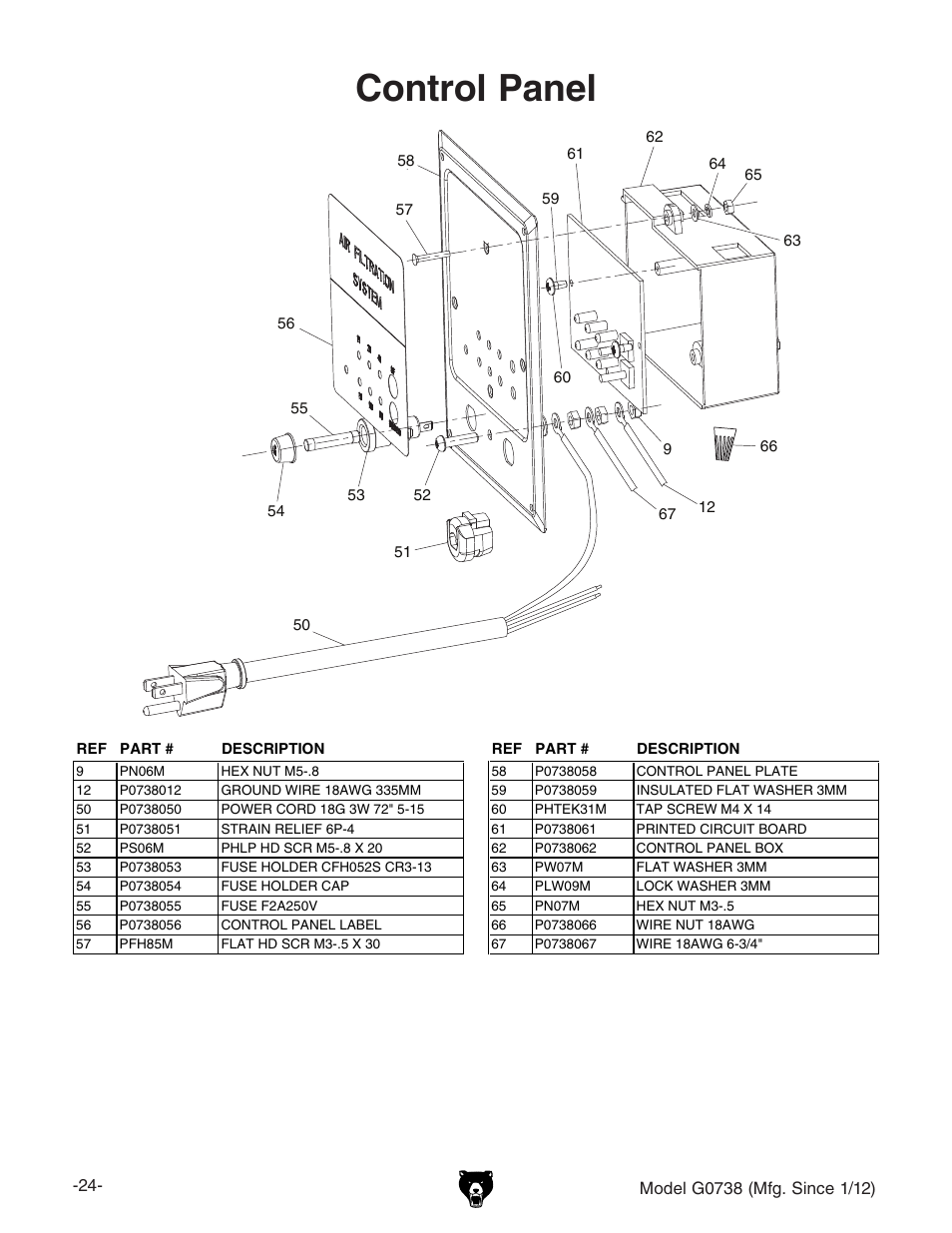 Control panel | Grizzly Hanging 3 Speed Air Filter G0738 User Manual | Page 26 / 32