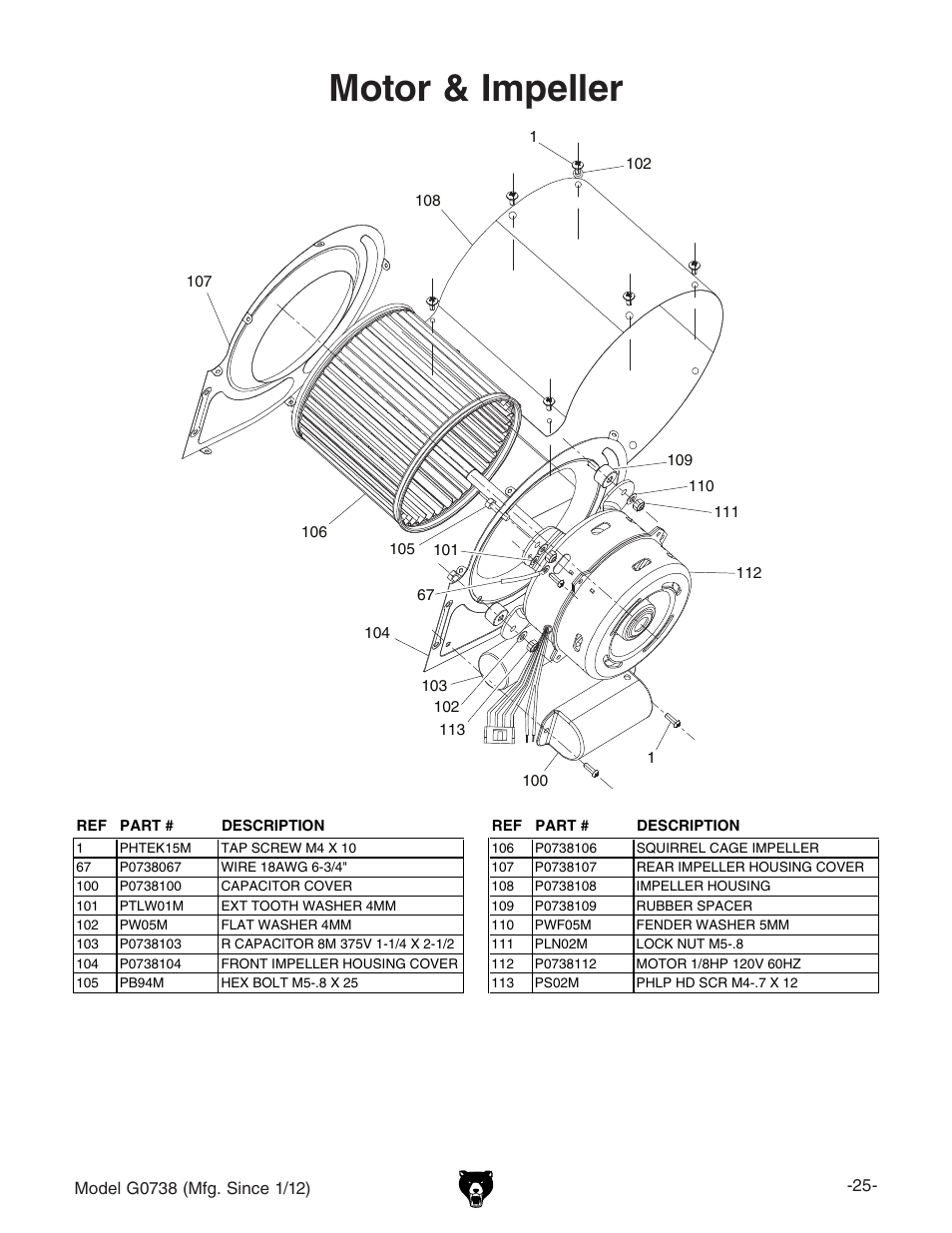 Motor & impeller | Grizzly Hanging 3 Speed Air Filter G0738 User Manual | Page 27 / 32