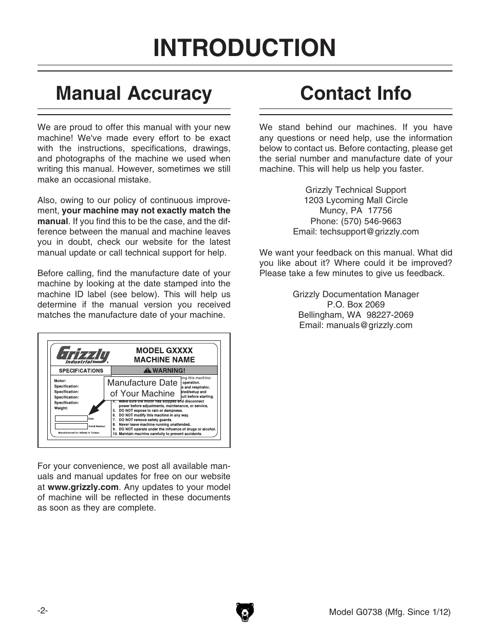 Introduction, Manual accuracy contact info, Manual accuracy | Contact info | Grizzly Hanging 3 Speed Air Filter G0738 User Manual | Page 4 / 32