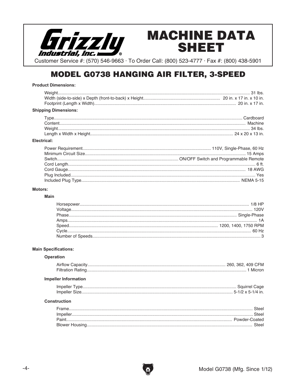 Machine data sheet | Grizzly Hanging 3 Speed Air Filter G0738 User Manual | Page 6 / 32