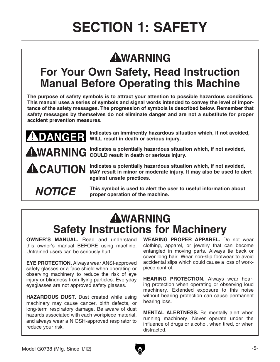 Section 1: safety, Safety instructions for machinery, Notice safety instructions for machinery | Grizzly Hanging 3 Speed Air Filter G0738 User Manual | Page 7 / 32