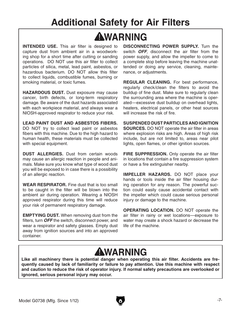 Additional safety for air filters | Grizzly Hanging 3 Speed Air Filter G0738 User Manual | Page 9 / 32
