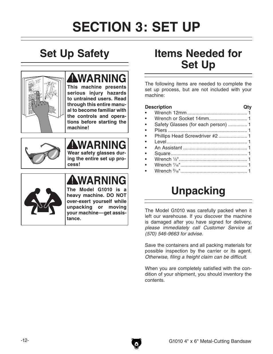 Unpacking set up safety, Items needed for set up | Grizzly G1010 User Manual | Page 14 / 48