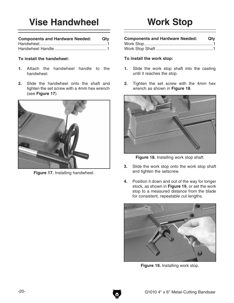 Work stop, Vise handwheel | Grizzly G1010 User Manual | Page 22 / 48