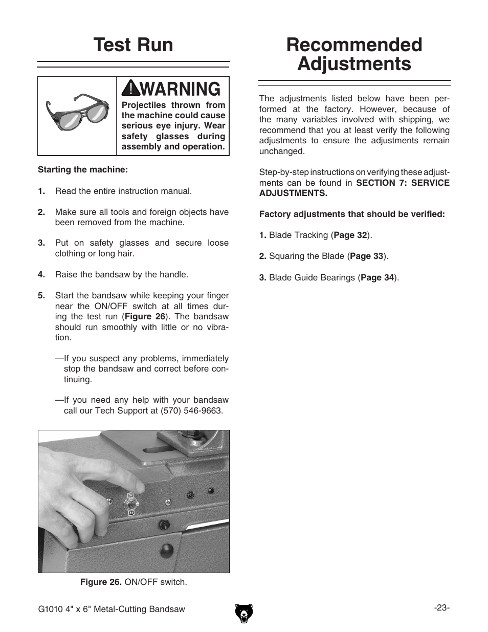 Recommended adjustments, Test run | Grizzly G1010 User Manual | Page 25 / 48