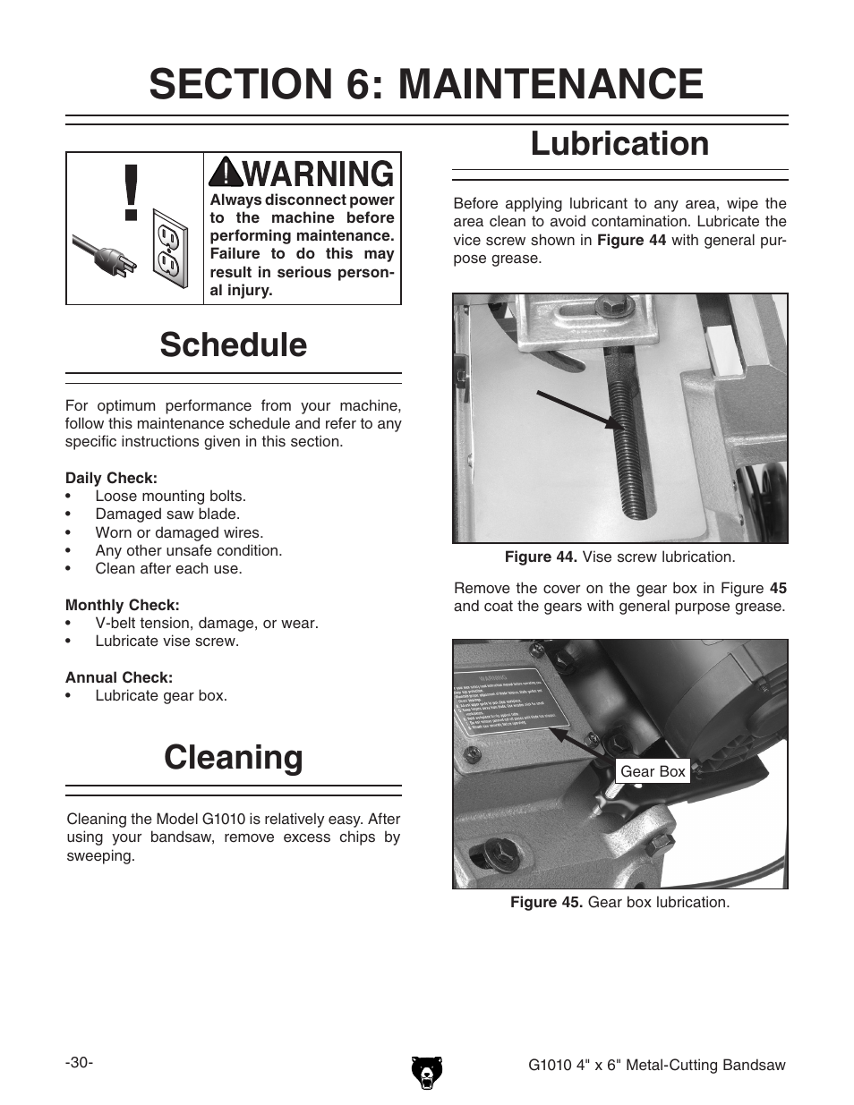 Lubrication, Cleaning, Schedule | Grizzly G1010 User Manual | Page 32 / 48