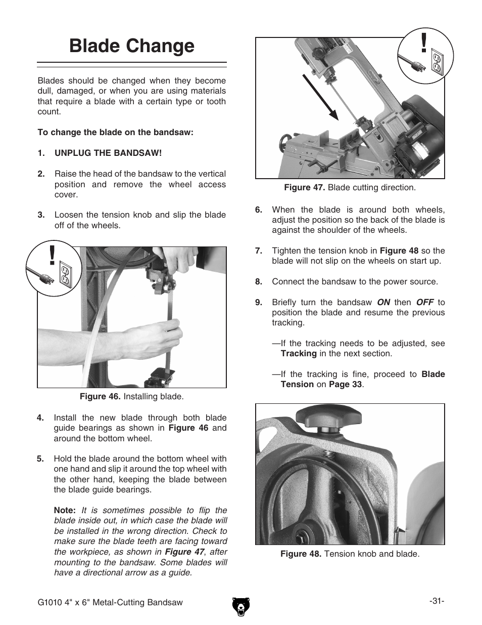 Blade change | Grizzly G1010 User Manual | Page 33 / 48