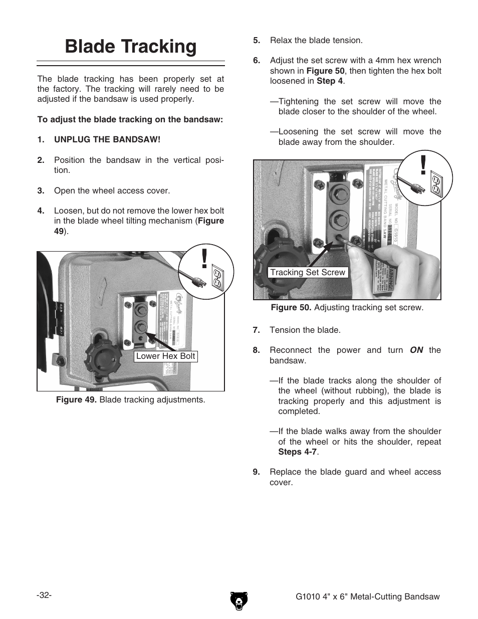 Blade tracking | Grizzly G1010 User Manual | Page 34 / 48