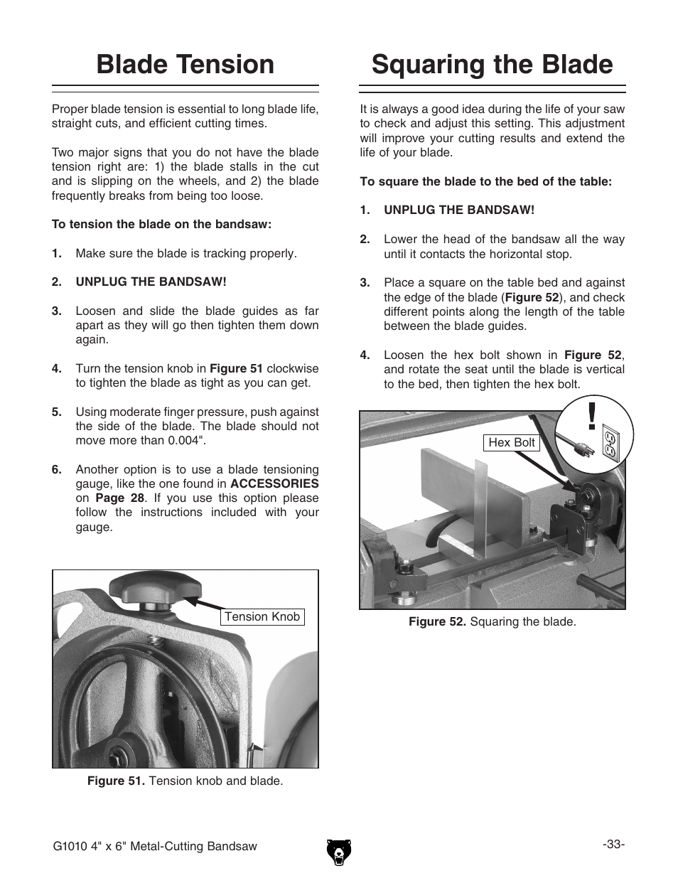 Squaring the blade, Blade tension | Grizzly G1010 User Manual | Page 35 / 48