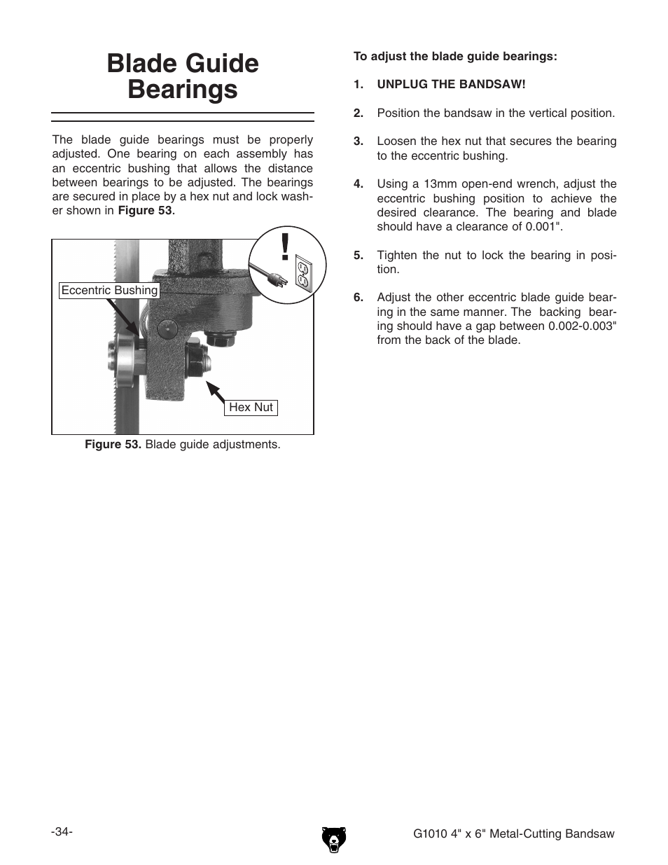 Blade guide bearings | Grizzly G1010 User Manual | Page 36 / 48