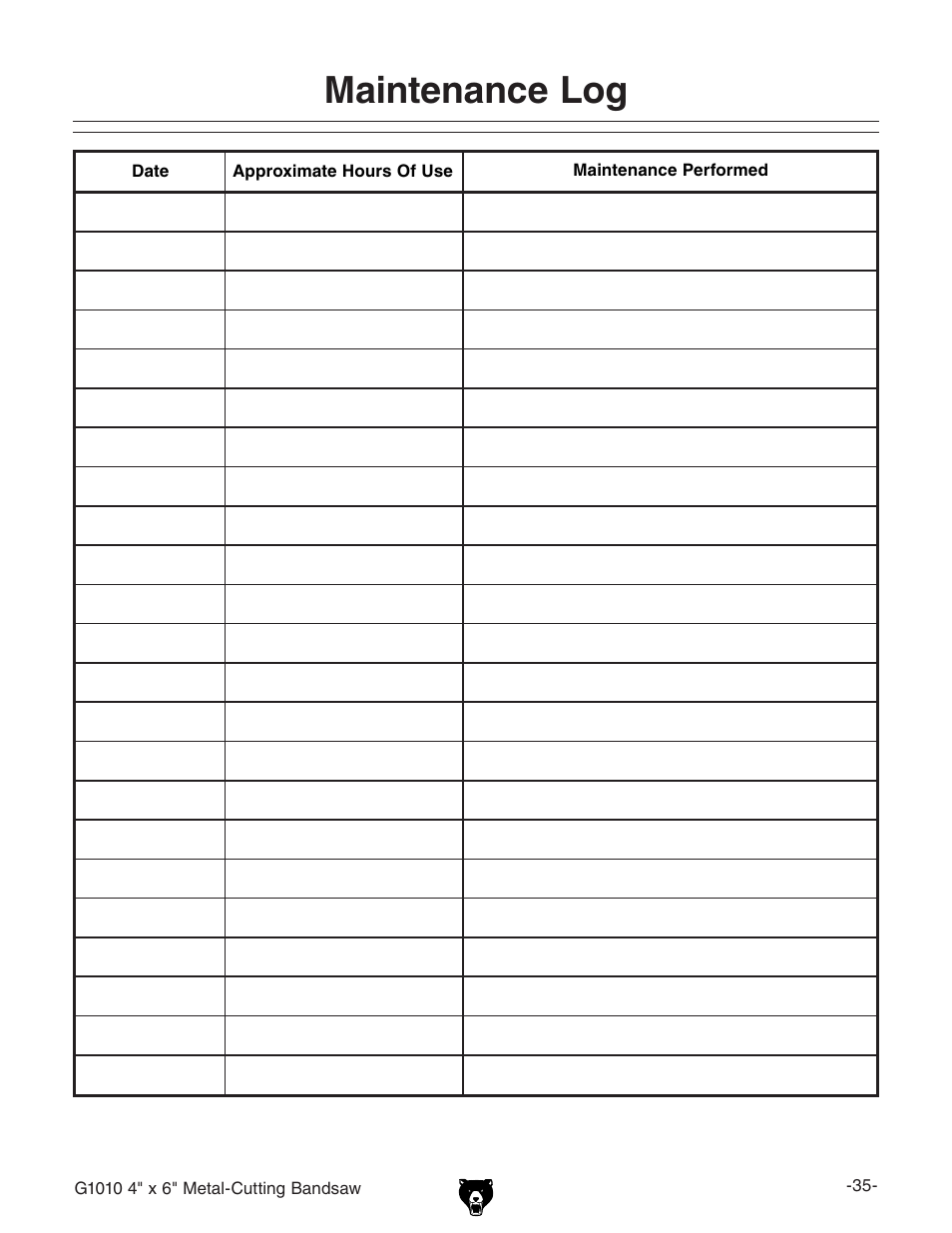 Maintenance log | Grizzly G1010 User Manual | Page 37 / 48